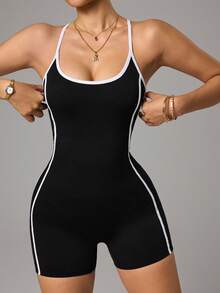 SHEIN Dewbera Bộ áo liền quần nữ không lưng với dây đeo tương phản, kiểu dáng ôm sát, thích hợp cho yoga, có dây đeo điều chỉnh được. - màu đen - Xem 3