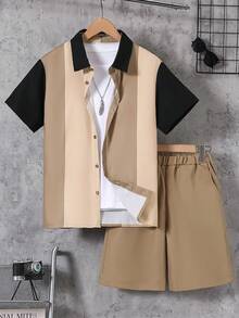 Vacaura 2 pièces/Set Chemise à col polo rayée et patchwork d'été pour garçons adolescents, et short décontracté assorti - Nude - Voir 3