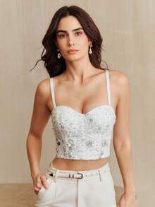 Anewsta White Lace Sequin Beaded Bustier Style Crop Top, Elegant - White - View 6