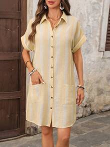 EMERY ROSE 女士条纹蝙蝠袖单排扣休闲口袋衬衫中长连衣裙 - 黃色 - 查看 4