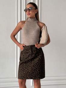 DAZY 女士常规腰围豹纹A字休闲牛仔迷你裙 - 棕色 - 查看 3