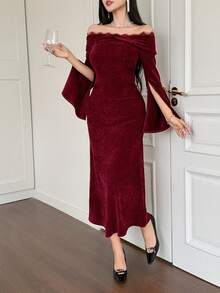 DAZY Women's Off-Shoulder Lace Patchwork Velvet Dress, Elegant And Fitted - Burgundy - View 4