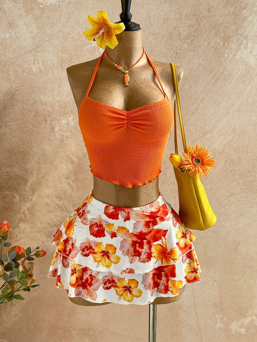 Soleia 橙色吊带上衣和印花迷你裙两件套，女士假日套装 - 彩色 - 查看 1