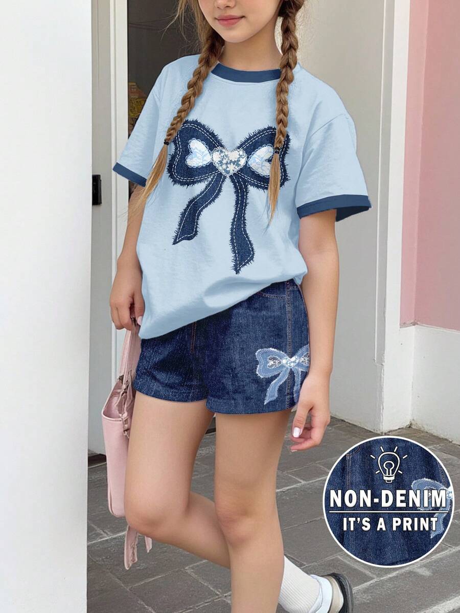 2件套少女休闲蕾丝拼接蝴蝶结图案短袖圆领T恤和短裤套装，适合夏季凉爽天气穿着 - 彩色 - 查看 1