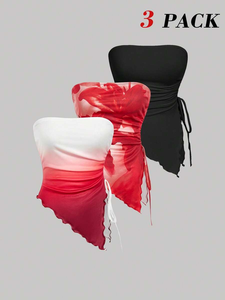 SHEIN MOD Áo corset nhiều mảnh với thắt eo xếp ly bên hông, áo ống in họa tiết retro, áo mùa thu, áo đi chơi, áo tank top màu nâu. - Nhiều màu - Xem 1