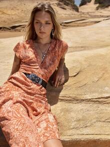 MOTF STUDIO WOMEN'S FLORAL PRINT RUFFLE SLEEVE BELTED MID-LENGTH DRESS