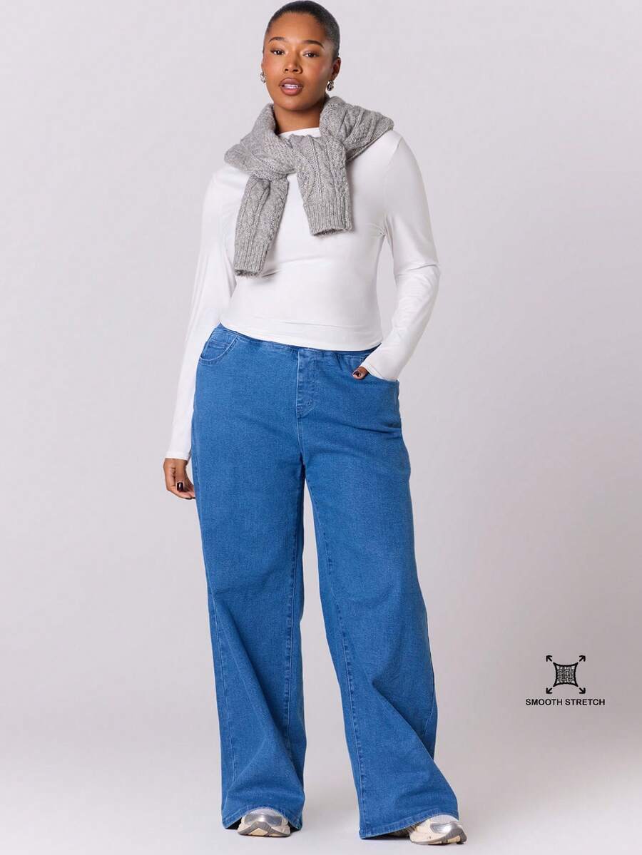 MUSERA 阔腿弹力牛仔裤，松紧腰带，街头休闲可爱日常办公时尚款 - 藍色 - 查看 1