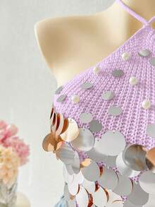Sunnyshic Sexy Versatile Vacation Style Beaded Halter Knit Top - Purple - View 4