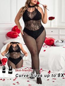 SHEIN CURVE+ CURVE PLUS /Valentine's Day/Sexy Fishnet Seamless Lingerie, Black, Crotchless - Black - View 1