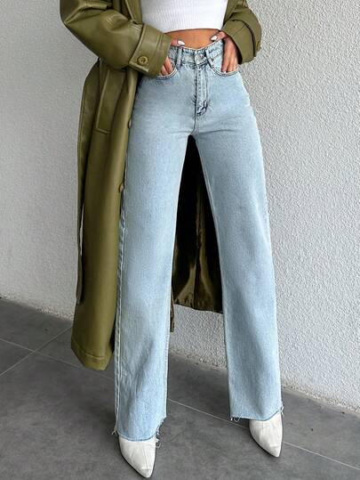 SHEIN Calça jeans reta de cintura alta, 100% algodão.