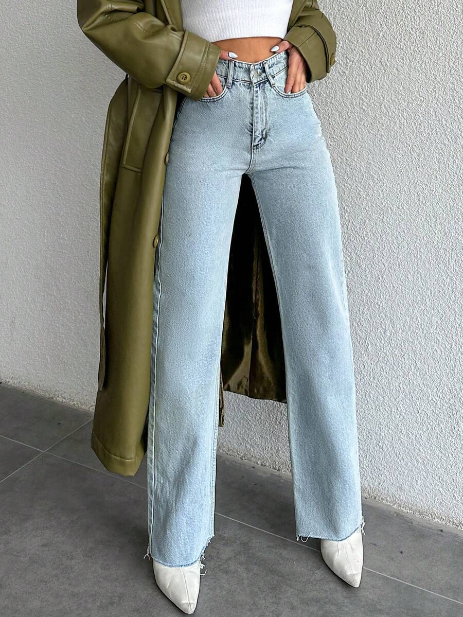 SHEIN 100%Cotton High Waist Straight Leg Jeans - Blue - View 1