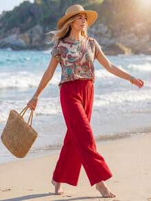 Sylviya 女士佩斯利印花衬衫和纯色长裤套装，休闲裤装，度假套装 - 彩色 - 查看 5