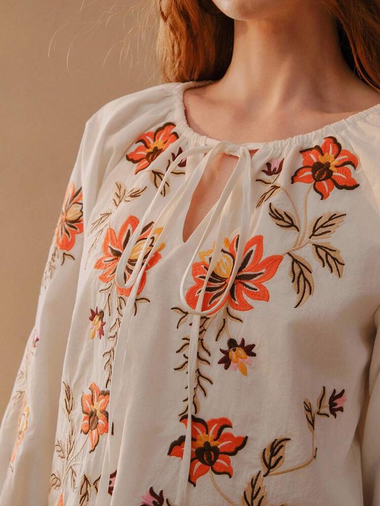WOMEN'S BOHEMIAN EMBROIDERED COTTON LINEN BLOUSE