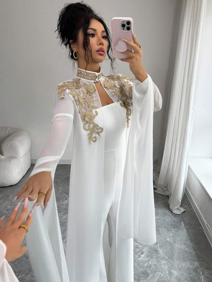 Elenzga Salopetă de damă cu dantelă aurie, set de 2 piese - imagine 3