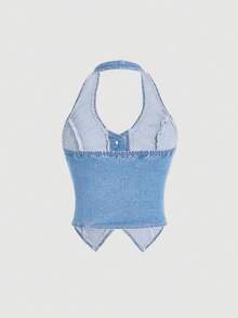 SHEIN ICON Y2K Blue Elastic Cropped Backless Halter Denim Vest Top - Light Wash - View 2