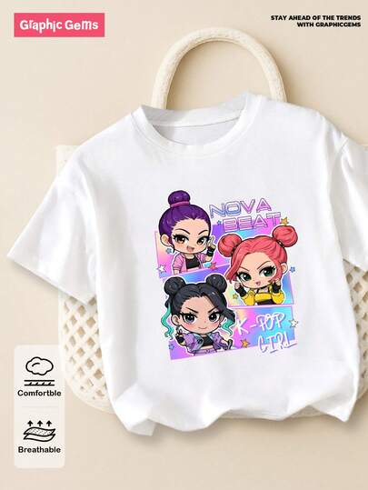 GraphicGems Camiseta para niñas jóvenes / Camiseta de manga corta y cuello redondo con estampado de letras y dibujos animados para niñas jóvenes, ideal para fans de K-POP y uso diario, camiseta blanca para niñas, moda y estilo callejero lindo