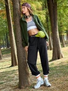 SHEIN In My Nature 女士字母印花抽绳腰带休闲户外跑步裤 - 黑色 - 查看 6