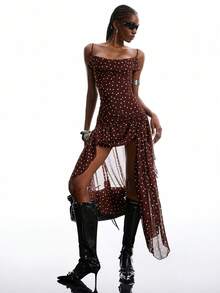 LYSMO Women's Spring/Summer Plunging Neck Spaghetti Strap Brown Polka Dot Visual Leg Revealing Design Dress - Brown - View 5