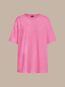 SHEIN BASICS 女士纯色简约短袖T恤，休闲日常穿着 - 玫紅色 - 查看 7