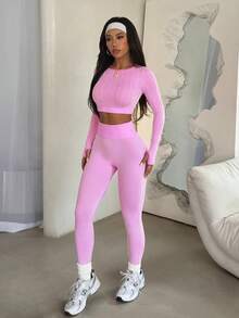 Sovereign Charm Women's Striped Print Backless Long Sleeve Top And High Waist Skinny Pants Activewear Set - Pink - View 4