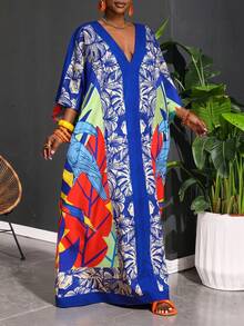 SHEIN CURVE+ Curve Size US22Music Festival, Seaside Vacation, BohemiaWomen's 2026 New Summer Mother's Day Music Festival Elegant Party Outdoor Color Loose Woven V-Neck Geometric Animal Pattern Women's Dress - Multicolor - View 3