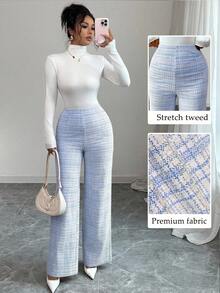 Elenzga 针织弹力格子休闲女裤，高腰修身直筒裤，秋季新品 - 藍白色 - 查看 7