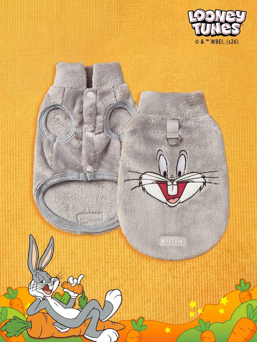 LOONEY TUNES X PETSIN 1 Áo khoác không tay mềm mại, ấm áp và thoải mái, chống trượt, thêu hình thỏ xám vui vẻ dành cho thú cưng (mèo, chó) với khóa cài. - Xám - Xem 1