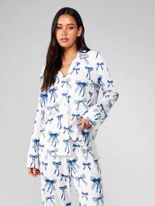 MISSGUIDED 长袖蝴蝶结印花睡衣套装，家居服，纽扣领，宽松版型 - 藍色 - 查看 6