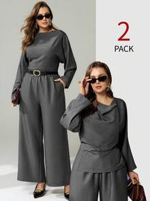 Auralis 2 piezas Conjunto elegante de talla grande para mujer, adecuado para maestras, casual de negocios, ropa de oficina, conjunto de comuter moderno, conciertos/actuaciones, citas, cenas formales, ir y venir, romántico, dama de oficina, estilo de sirena, primavera/otoño - Gris - Ver 1