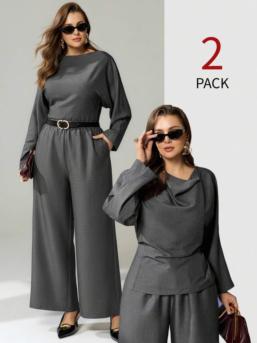 Auralis 2 piezas Conjunto elegante de talla grande para mujer, adecuado para maestras, casual de negocios, ropa de oficina, conjunto de comuter moderno, conciertos/actuaciones, citas, cenas formales, ir y venir, romántico, dama de oficina, estilo de sirena, primavera/otoño - Gris - Ver 1