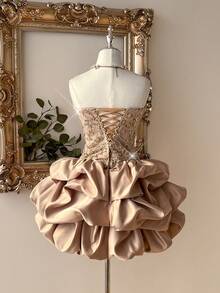 Lovelzi 优雅撞色香槟红魅力无肩带V领束腰A字长裙，系带设计，适合约会、度假、生日、派对、舞会、毕业典礼、盛大晚宴等场合。 - 杏色 - 查看 3