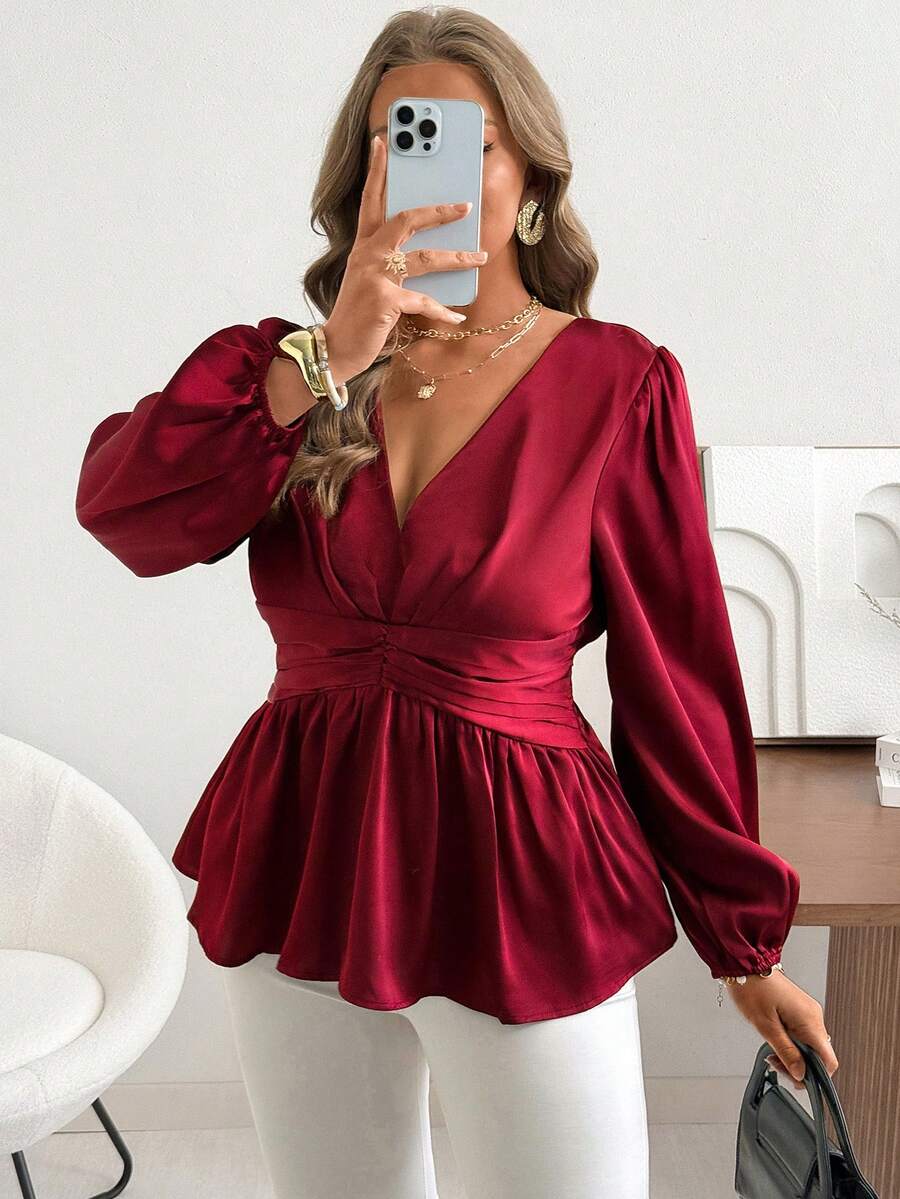 Vionelle 大码女装春夏法式浪漫西西里优雅休闲通勤波西米亚风度假下午茶酒红色缎面绉纱褶皱腰部荷叶边松紧腰喇叭长袖衬衫 - 酒紅色 - 查看 1