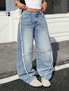 SHEIN ICON 女士休闲宽松口袋牛仔裤 - 藍色 - 查看 6