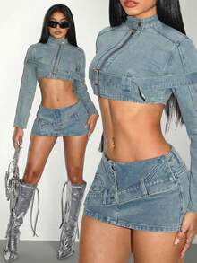 Jeanoix Women's Stand Collar Long Sleeve Zip Front Eyelet Snap Button Design Cropped Denim Jacket - Blue - View 1