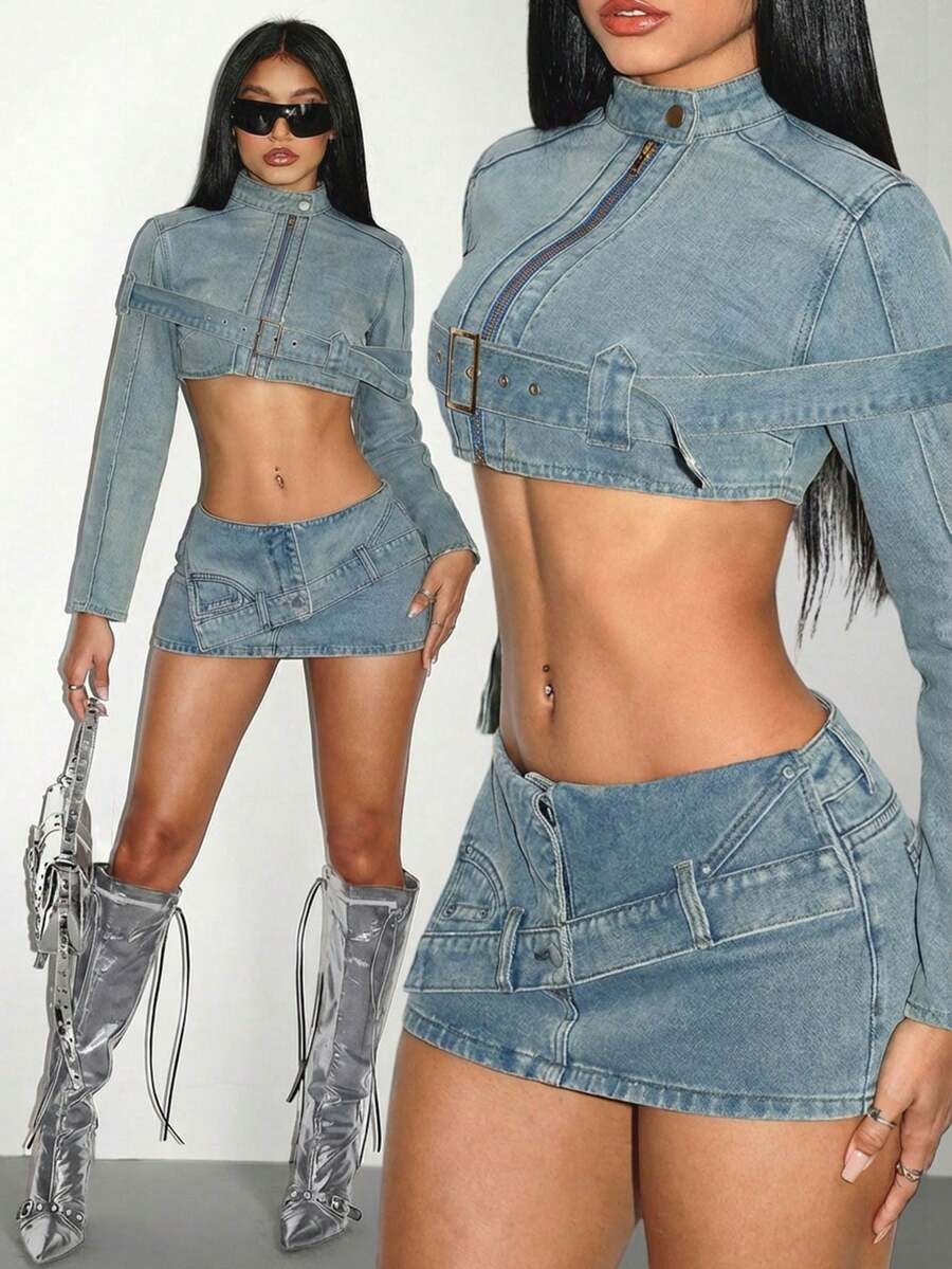 Jeanoix Women's Stand Collar Long Sleeve Zip Front Eyelet Snap Button Design Cropped Denim Jacket - Blue - View 1