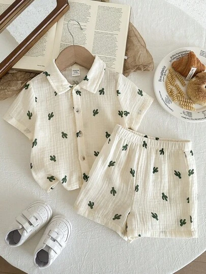 LMoss Kids 男婴可爱仙人掌印花衬衫套装，休闲舒适