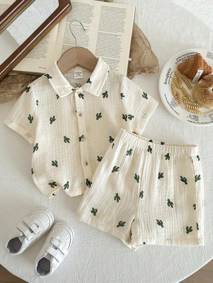 LMoss Kids 男婴可爱仙人掌印花衬衫套装，休闲舒适 - 白色 - 查看 1