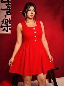 Cravure Women's Plus Size Christmas Red Mini Dress Elegant Square Neck Sleeveless Flared A Line Style - Red - View 4