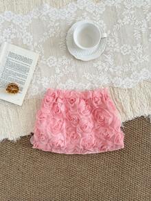 SHEIN Infant Girls' Pink Mesh 3D Floral Elegant Princess Mini Skirt, Summer - Pink - View 2