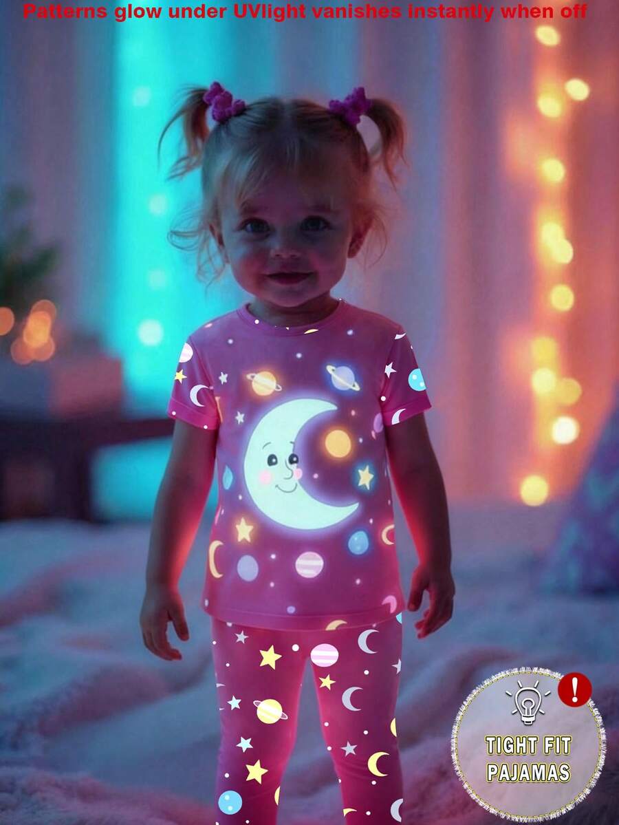 1set Young Girls Glow-In-The-Dark Cartoon Moon & Star Print Crew Neck Tight Fit Knit Short Sleeve Top And Pants Pajama Set - Pink - View 1