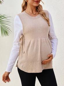 SHEIN Maternity Casual Solid Color Side Tie Round Neck Sweater Vest - Khaki - View 1