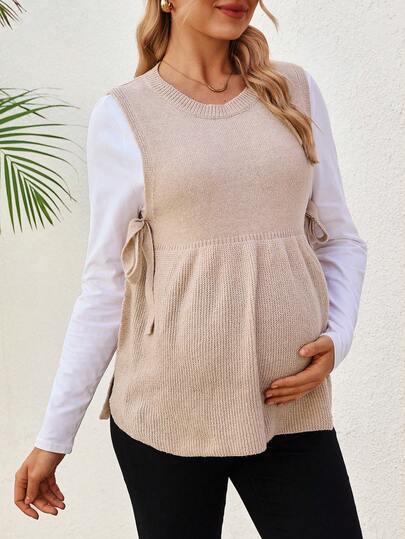 SHEIN Maternity Casual Solid Color Side Tie Round Neck Sweater Vest