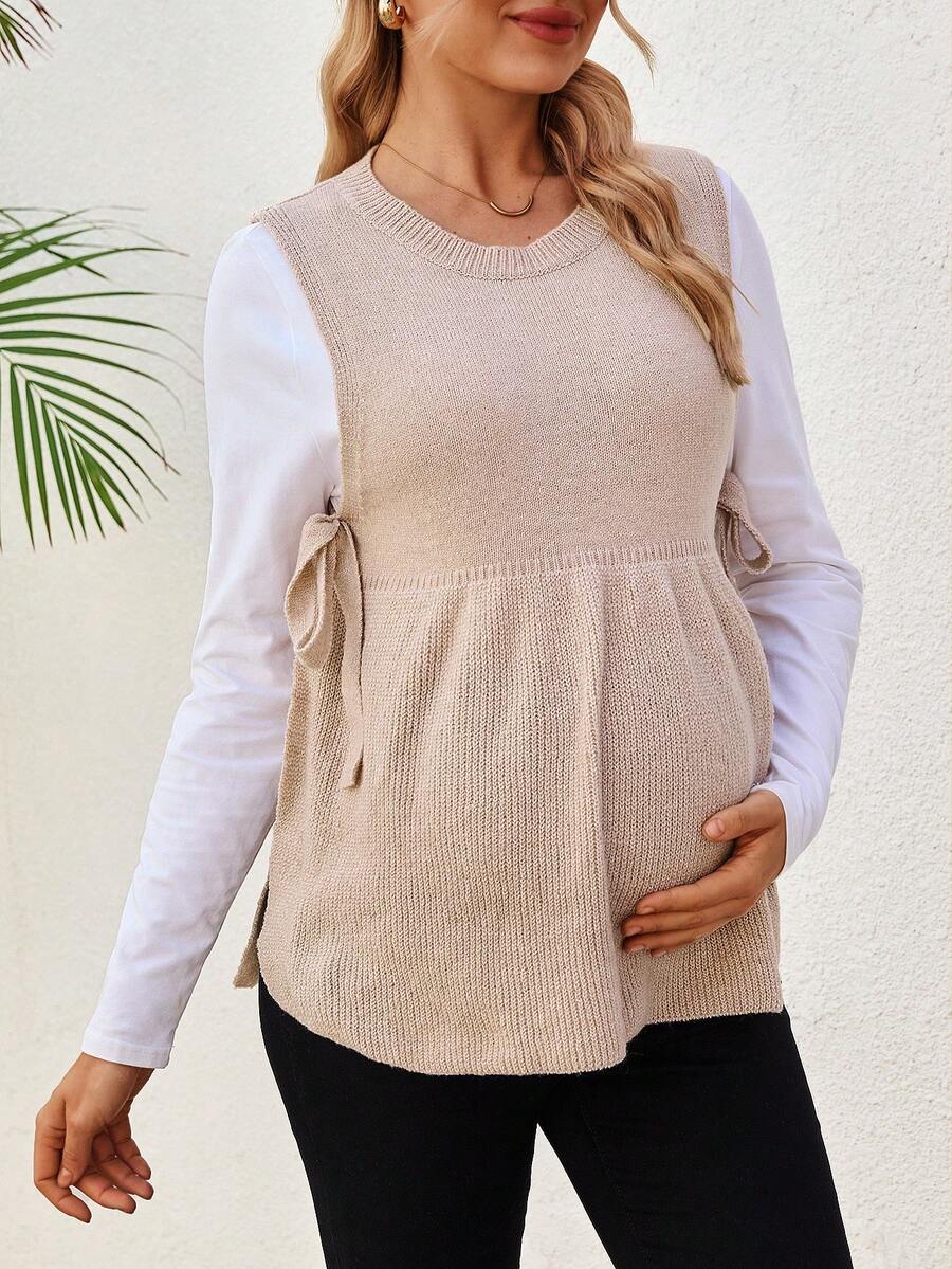 SHEIN Maternity Casual Solid Color Side Tie Round Neck Sweater Vest - Khaki - View 1