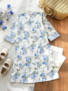 SHEIN Vintaside Kids 女童黄色碎花长袖连衣裙，时尚荷叶边设计，休闲外出穿着，春秋季款 - 藍色 - 查看 3