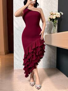 Feyla 女士纯色不对称肩部荷叶边下摆连衣裙 - 酒紅色 - 查看 2