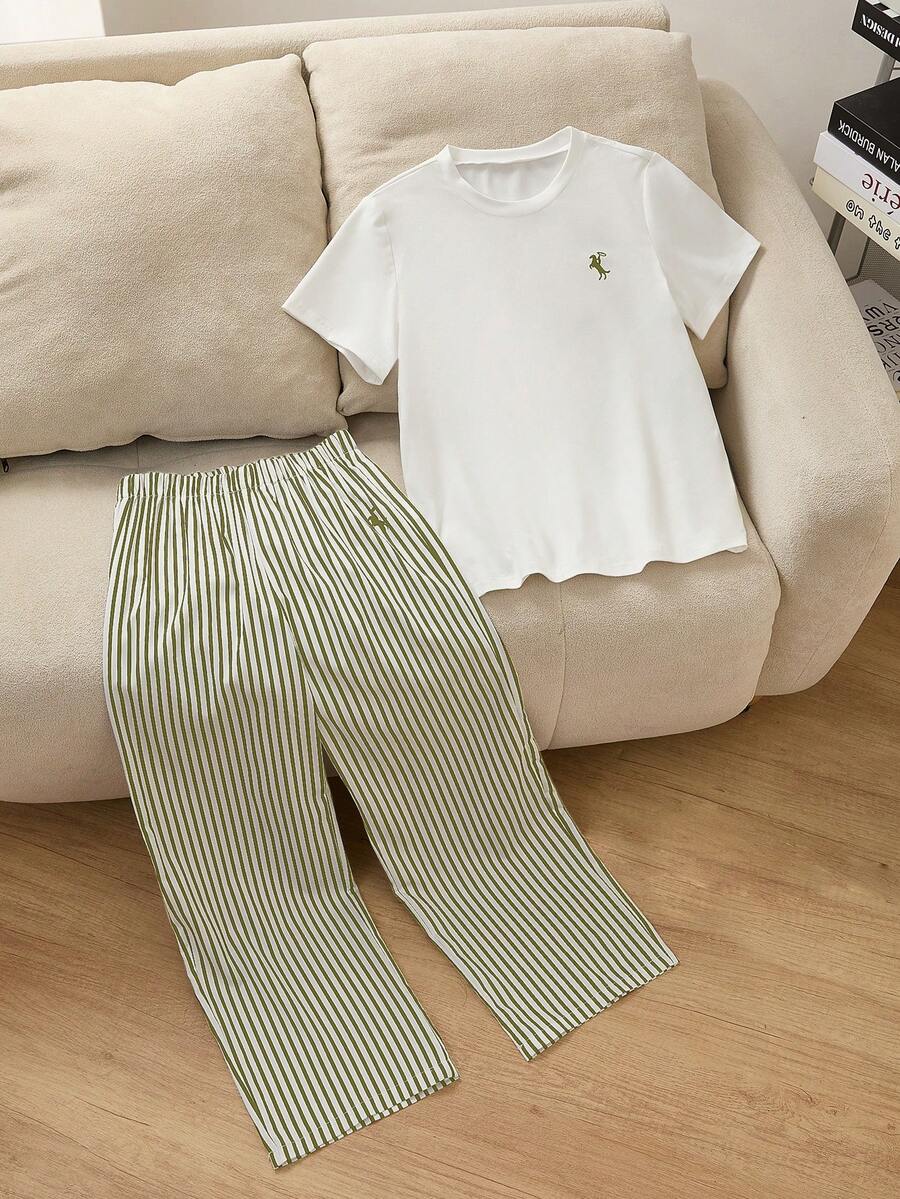 2pcs/Set Tween Girls Summer Casual Outfit,White T-Shirt Top & Green And White Striped Straight Pants - Multicolor - View 1