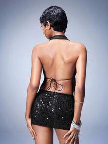 Y2Kool Women's Silver Foil Camisole Backless Deep V Neck Sleeveless Crop Top, Streetwear, Vacation, Y2K Party, Clubwear, Spring/Summer - Black - View 2