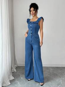 Elenzga 女士荷叶边领拼接牛仔连体裤，半开襟纽扣设计，喇叭袖 - 藍色 - 查看 5