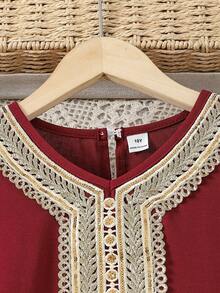Tween Girls' Luxurious White Middle Eastern/Arabic Style Long Sleeve Dress, Paired With Elegant Burgundy And Gold Floral Accent, Suitable For Girls' Daily Wear, Festivals And Formal Events - Red - View 5