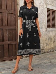 EMERY ROSE 休闲印花无袖圆领A字连衣裙，夏季 - 黑色 - 查看 6